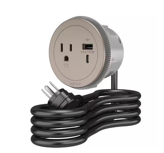 6 ft. Cord 15 Amp 1-Outlet and 2 Type A/C USB Round Recessed Furniture Power Strip in Nickel - 91005774995
