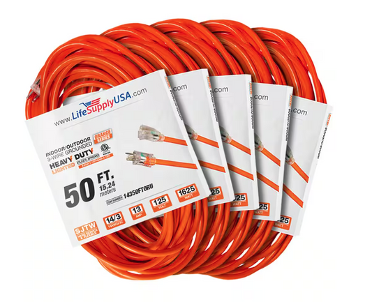 50 ft. 14-Gauge/3-Conductors SJTW 15 Amp Indoor/Outdoor Extension Cord with Lighted End Orange (5-Pack) - 91012243733