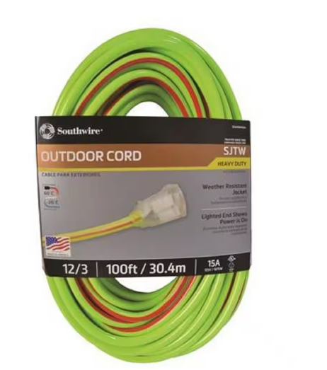 100 ft. 12/3 SJTW Hi-Visbility Multi-Color Outdoor Heavy-Duty Extension Cord with Power Light Plug - 91000993363