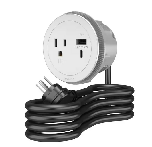 6 ft. Cord 15 Amp 1-Outlet and 2 Type A/C USB Round Recessed Furniture Power Strip in White - 91005775025