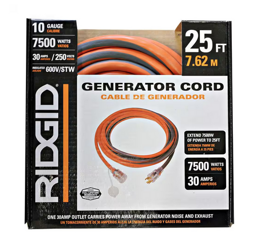 25 ft. 10/4 Heavy Duty Outdoor L14-30 Amp Generator Extension Cord with Lighted End, Orange/Grey - 9711575