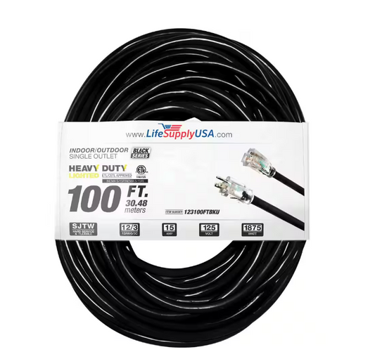 100 ft. 12-Gauge/3 Conductors SJTW Indoor/Outdoor Extension Cord with Lighted End Black (1-Pack) - 91011696035
