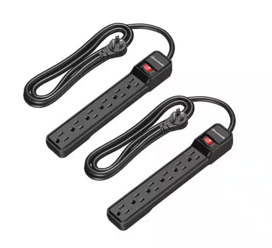 6 ft. 6-Outlet Power Strip Surge Protector, 500 J in Black (2-Pack) - 91010996898