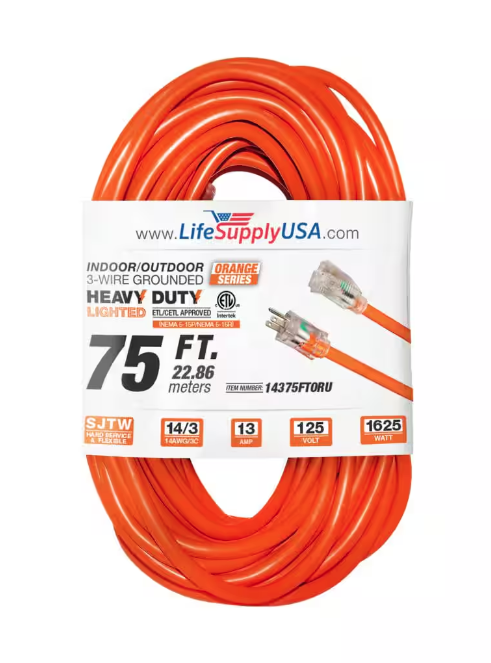 75 ft. 14-Gauge/3 Conductors SJTW 13 Amp Indoor/Outdoor Extension Cord with Lighted End Orange (1-Pack) - 91011843072