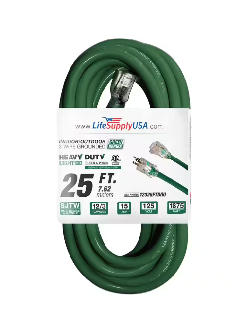25 ft. 12-Gauge/3 Conductors SJTW Indoor/Outdoor Extension Cord with Lighted End Green (1-Pack) - 91011696018