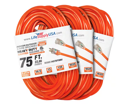 75 ft. 14-Gauge/3-Conductors SJTW 13 Amp Indoor/Outdoor Extension Cord with Lighted End Orange (3-Pack) - 91012243395