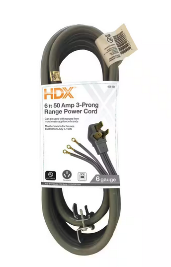 6 ft. 6/3 50 Amp 3-Prong Range Power Cord, Grey - 9626634