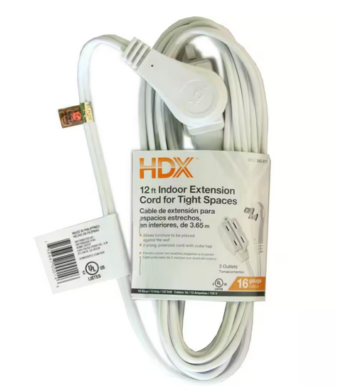 12 ft. 16/2 Light Duty Indoor Tight Space Extension Cord, White - 9342417