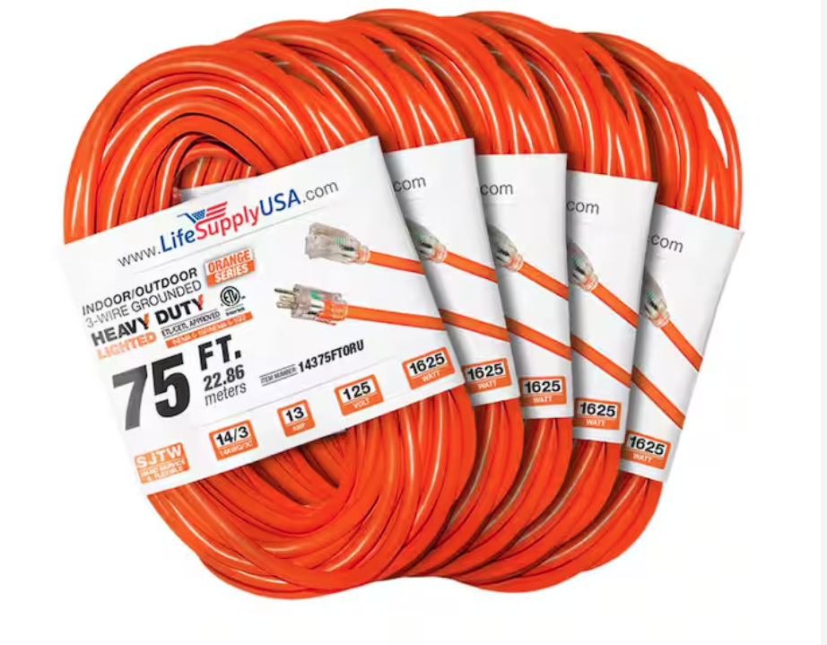 75 ft. 14-Gauge/3-Conductors SJTW 13 Amp Indoor/Outdoor Extension Cord with Lighted End Orange (5-Pack) - 91012243830