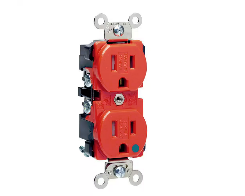 15 Amp Hospital Grade Extra Heavy Duty Tamper Resistant Self Grounding Duplex Outlet, Red