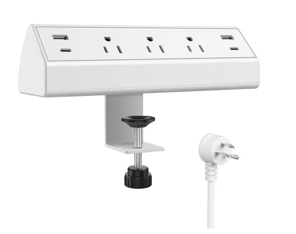 3-Outlet 6 ft. Flat Plug Desk Clamp Surge Protector Power Strip with Fast Charging, 2-USB A, 2-USC C, 20W Ports in White - 91010891079