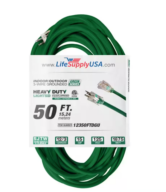 50 ft. 12-Gauge/3 Conductors SJTW Indoor/Outdoor Extension Cord with Lighted End Green (1-Pack) - 91011716600