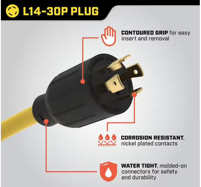 25 ft. NEMA L14-30P to 4x 5-20R Generator Cord in Yellow - 91002846343