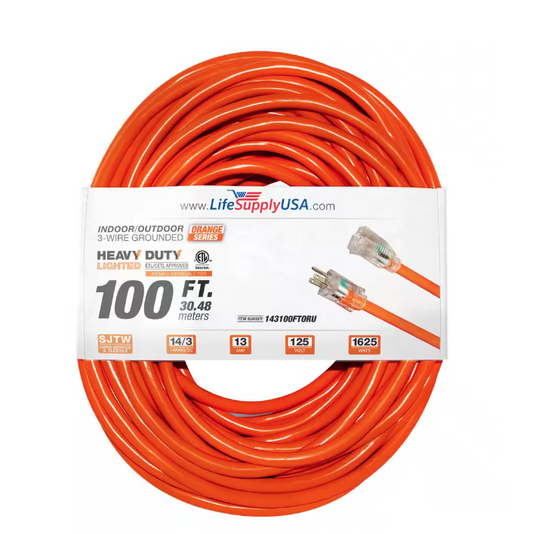 100 ft. 14-Gauge/3 Conductors SJTW 13 Amp Indoor/Outdoor Extension Cord with Lighted End Orange (1-Pack) - 91011843063