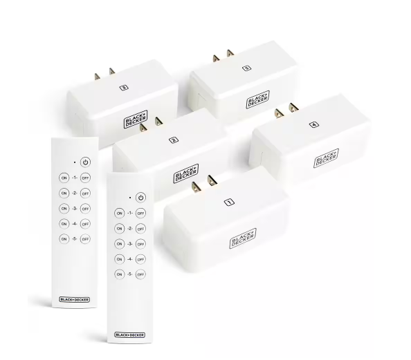 1 Amp to 15 Amp Plug-In Indoor Wireless Remote Control System with 5 Smart Adapters Grounded and 2 Remotes, White - 91006541149