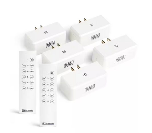 1 Amp to 15 Amp Plug-In Indoor Wireless Remote Control System with 5 Smart Adapters Grounded and 2 Remotes, White - 91006541149