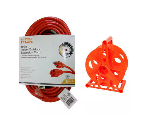 100 ft. 16/3 Indoor/Outdoor Extension Cord, Orange and 150 ft. 16/3 Extension Cord Storage Reel