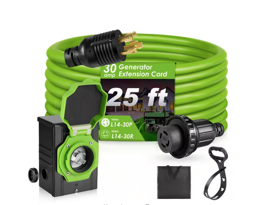 25 ft. 10/4 30 Amp Generator Extension Cord 4 Prong 125-Volt Indoor/Outdoor Extension Cord L14-30 with Lighted End Green - 91012088645