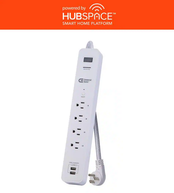 3 ft. 4-Outlet White Surge Protector Smart with USB Powered by Hubspace - 91007909243