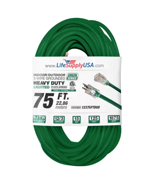 75 ft. 12-Gauge/3 Conductors SJTW Indoor/Outdoor Extension Cord with Lighted End Green (1-Pack) - 91011696027