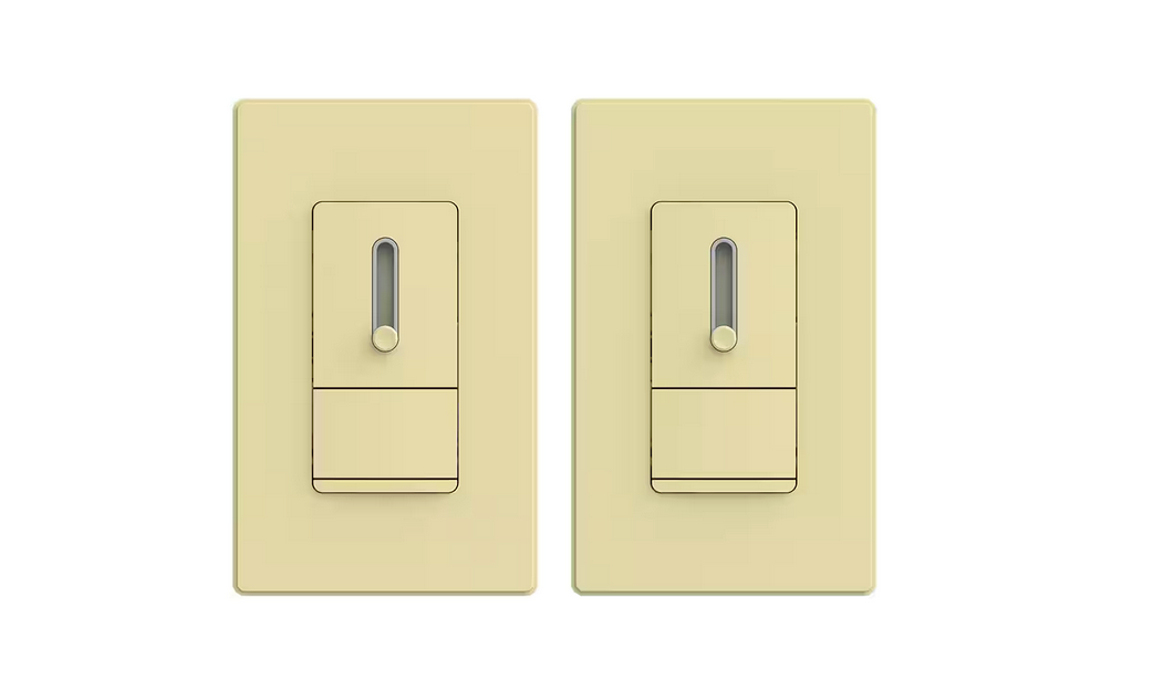 150-Watt Slide Single Pole or 3-Way Dimmer, Rocker Paddle, Screwless Wall Plate Included, Ivory (2-Pack) - 91006206329