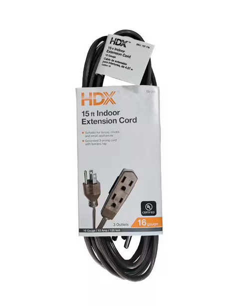 15 ft. 16/3 Light Duty Indoor Extension Cord with Banana Tap, Brown - 9737774