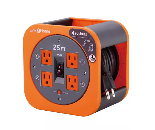 25 ft. 16/3 Extension Cord Storage Reel with 4 Grounded Outlets and Overload Reset Button - 91004661632
