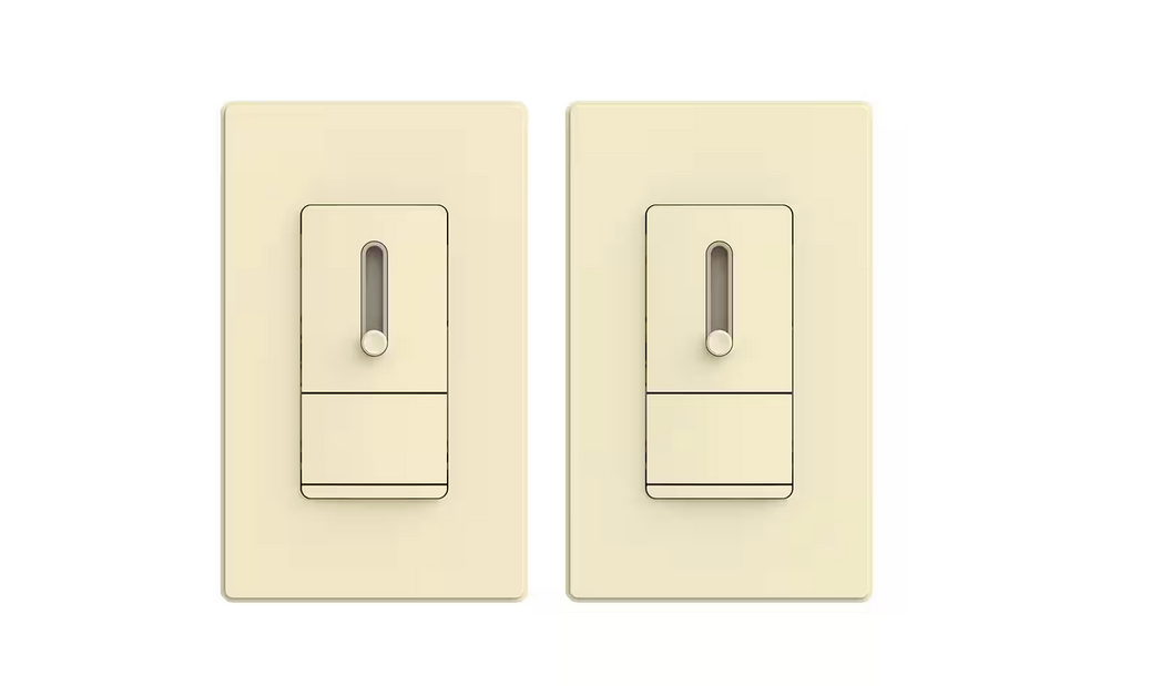 150-Watt Slide Single Pole or 3-Way Dimmer, Rocker Paddle, Screwless Wall Plate Included, Light Almond (2-Pack) - 91006206331