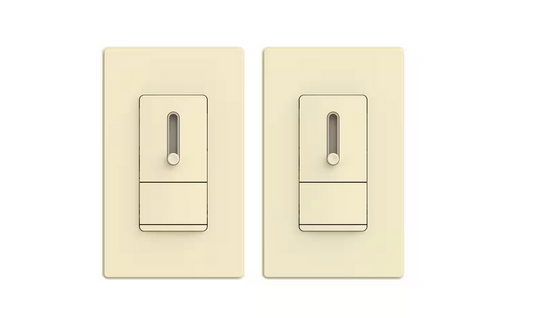150-Watt Slide Single Pole or 3-Way Dimmer, Rocker Paddle, Screwless Wall Plate Included, Light Almond (2-Pack) - 91006206331