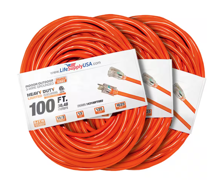 100 ft. 14-Gauge/3-Conductors SJTW 13 Amp Indoor/Outdoor Extension Cord with Lighted End Orange (3-Pack) - 91012243396