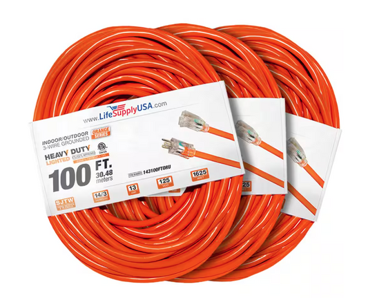 100 ft. 14-Gauge/3-Conductors SJTW 13 Amp Indoor/Outdoor Extension Cord with Lighted End Orange (3-Pack) - 91012243396