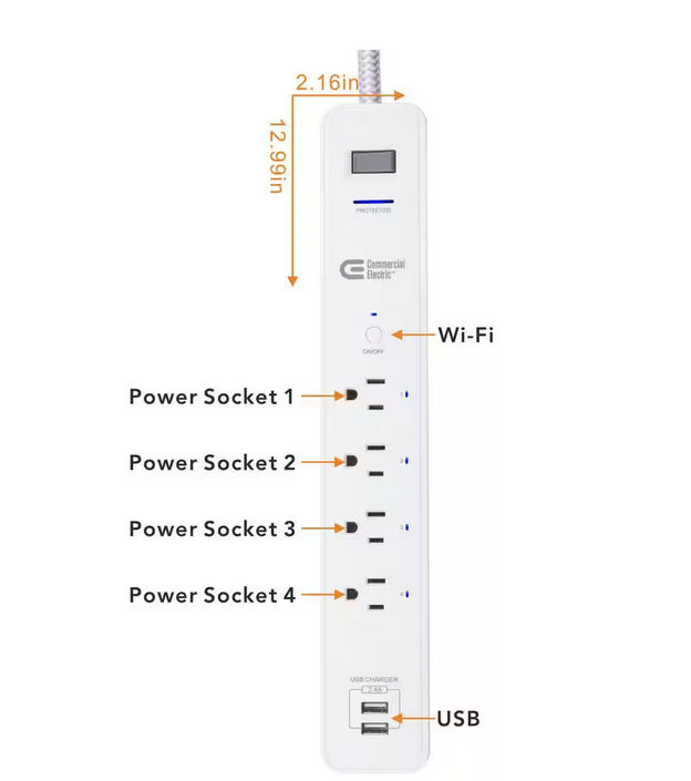 3 ft. 4-Outlet White Surge Protector Smart with USB Powered by Hubspace - 91007909243