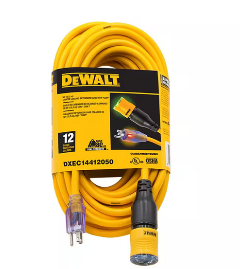 50 ft. 12/3 SJTW Heavy-Duty Locking Yellow Extension Cord with Dual Lighted Plugs for Power and Ground Continuity) - 91009519780