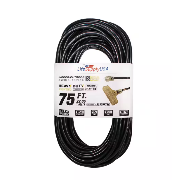 75 ft. 12/3 SJTW 3-Outlet 15 Amp 125-Volt 1875-Watt Indoor/Outdoor Black Heavy-Duty Tri-Source Extension Cord (5-Pack)