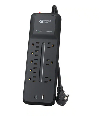 12 ft. Braided Cord 8-Outlet Surge Protector with 1 USB and 1 USB-C, Black - 91007546033