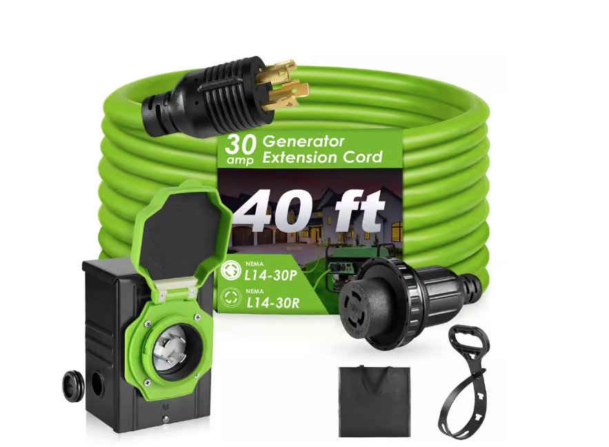 40 ft.10/4 30 Amp Generator Extension Cord 4 Prong 125-Volt Indoor/Outdoor Extension Cord L14-30 with Lighted End, Green - 91012088657