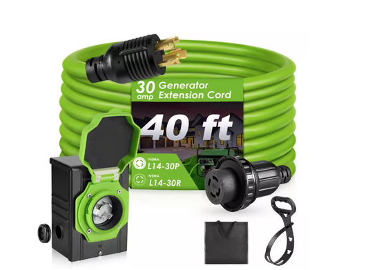 40 ft.10/4 30 Amp Generator Extension Cord 4 Prong 125-Volt Indoor/Outdoor Extension Cord L14-30 with Lighted End, Green - 91012088657