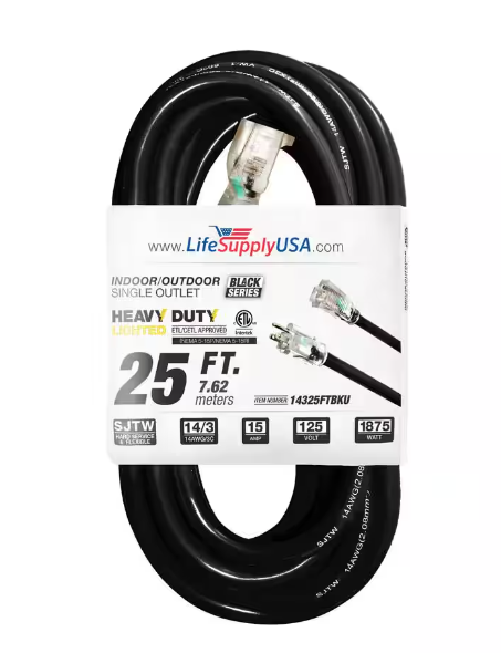 25 ft. 14-Gauge/3 Conductors SJTW 15 Amp Indoor/Outdoor Extension Cord with Lighted End Black (1-Pack) - 91011843055