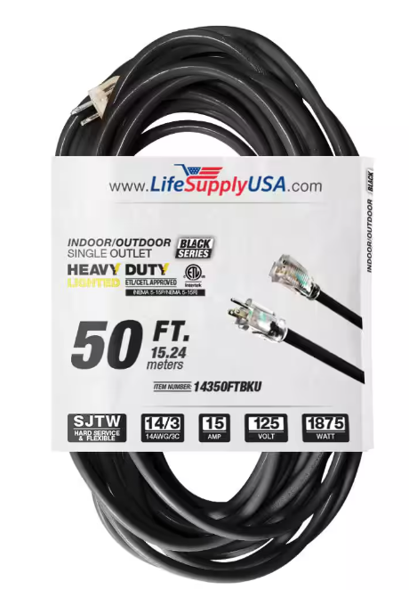 50 ft. 14-Gauge/3 Conductors SJTW 15 Amp Indoor/Outdoor Extension Cord with Lighted End Black (1-Pack) - 91011843066