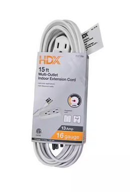 15 ft. 16/3 Light Duty Indoor Extension Cord with Banana Tap, White - 9737791