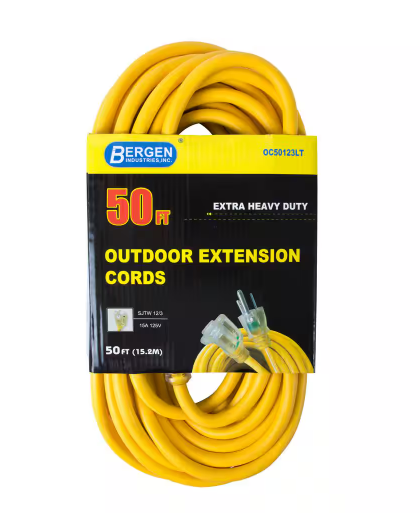 50 ft. 12/3 SJTW 15 Amp/125-Volt Outdoor Single Receptacle Extension Cord, Yellow - 91003062683