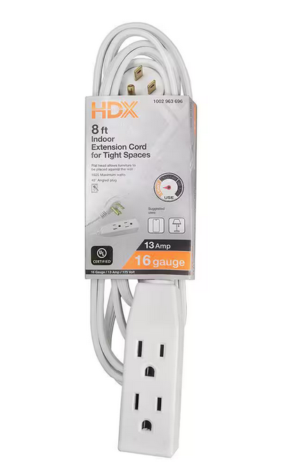 8 ft. 16/3 Light Duty Indoor Tight Space Extension Cord with Banana Tap, White - 91002963696