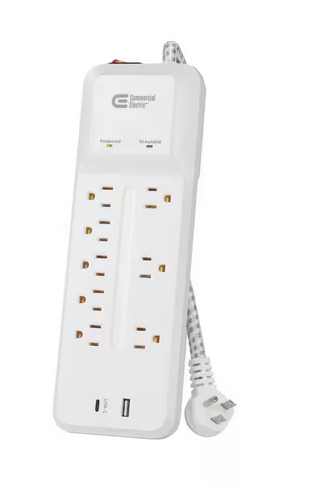 12 ft. Braided Cord 8-Outlet Surge Protector with USB, White - 91007546171