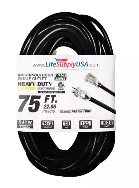 75 ft. 14-Gauge/3 Conductors SJTW 13 Amp Indoor/Outdoor Extension Cord with Lighted End Black (1-Pack) - 91011843069