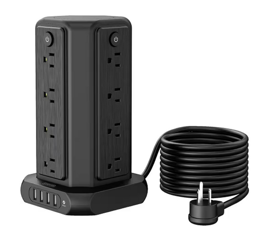 15 ft. Flat Plug Extension Cord, Surge Protector Power Strip Tower with 16 Outlets, 4 USB Ports - Black - 91010598656