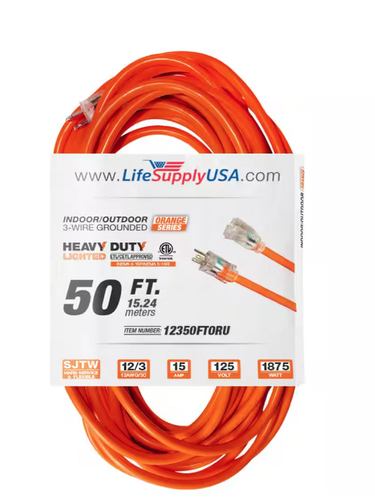 50 ft. 12-Gauge/3 Conductors SJTW Indoor/Outdoor Extension Cord with Lighted End Orange (1-Pack) - 91011716593