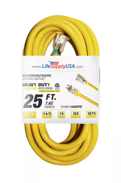 25 ft. 14-Gauge/3 Conductors SJTW 15 Amp Indoor/Outdoor Extension Cord with Lighted End Yellow (1-Pack) - 91011843058