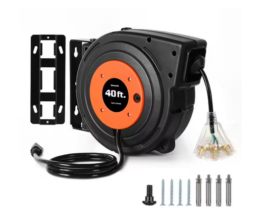 40 ft. 12/3 SJTOW 15 Amp Retractable Extension Cord Reel with 3 Grounded Outlets and Lighted Triple Tap - 91011028971