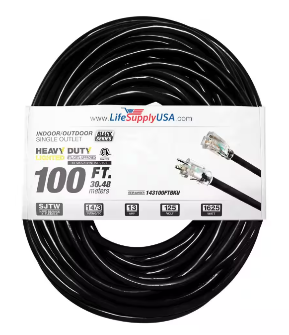 100 ft. 14-Gauge/3 Conductors SJTW 13 Amp Indoor/Outdoor Extension Cord with Lighted End Black (1-Pack) - 91011843059