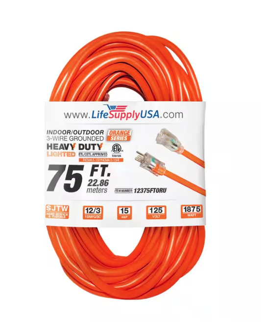 75 ft. 12-Gauge/3 Conductors SJTW Indoor/Outdoor Extension Cord with Lighted End Orange (1-Pack) - 91011696031
